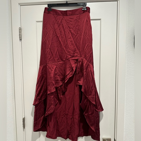 Express high waisted Satin Hi-Lo Ruffle Maxi Skirt - Picture 1 of 6